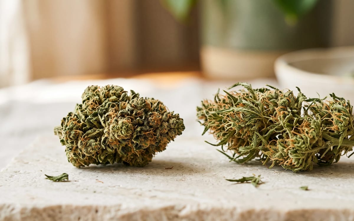 Two cannabis leaves, one wide and one narrow, comparing indica and sativa